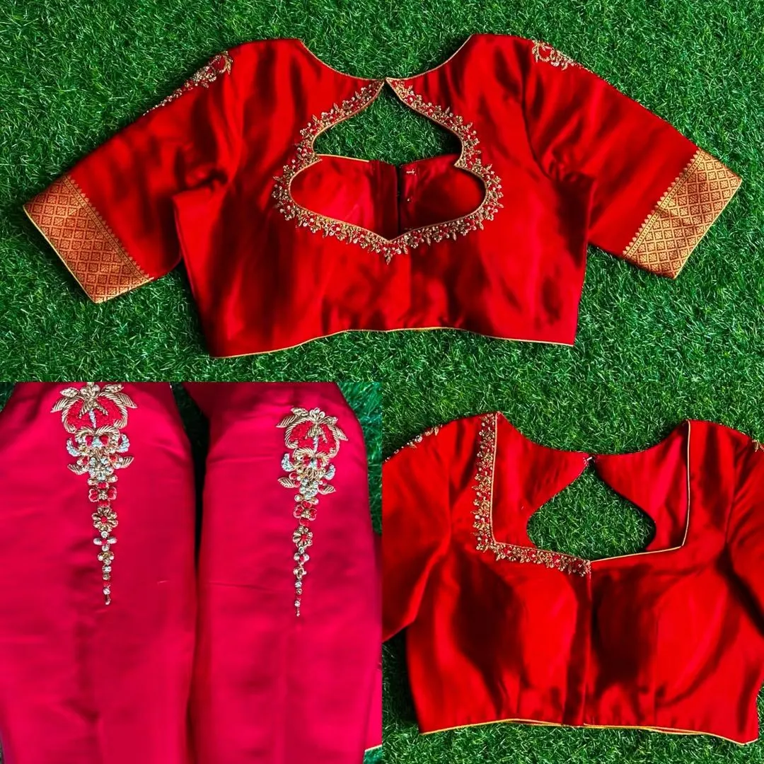 Bridal Red Raw Silk Blouse with Cutout Back & Maggam Sleeve Motif