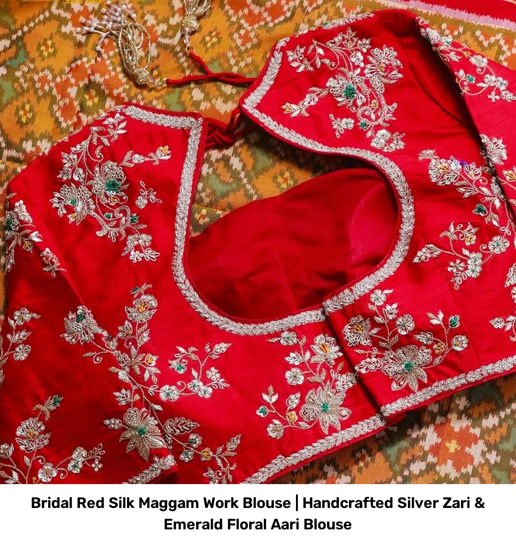 Bridal Red Silk Maggam Work Blouse | Handcrafted Silver Zari & Emerald Floral Aari Blouse 2
