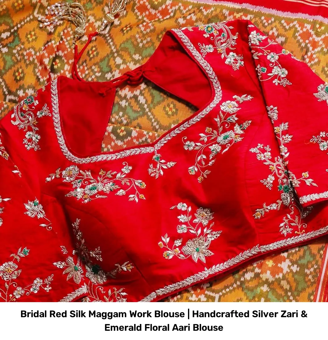 Bridal Red Silk Maggam Work Blouse | Handcrafted Silver Zari & Emerald Floral Aari Blouse 3