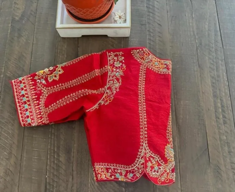 Bridal Red Silk Maggam Work Blouse | Scallop Cutwork Hem Aari Embroidery Saree Blouse