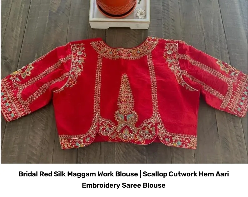Bridal Red Silk Maggam Work Blouse | Scallop Cutwork Hem Aari Embroidery Saree Blouse 3