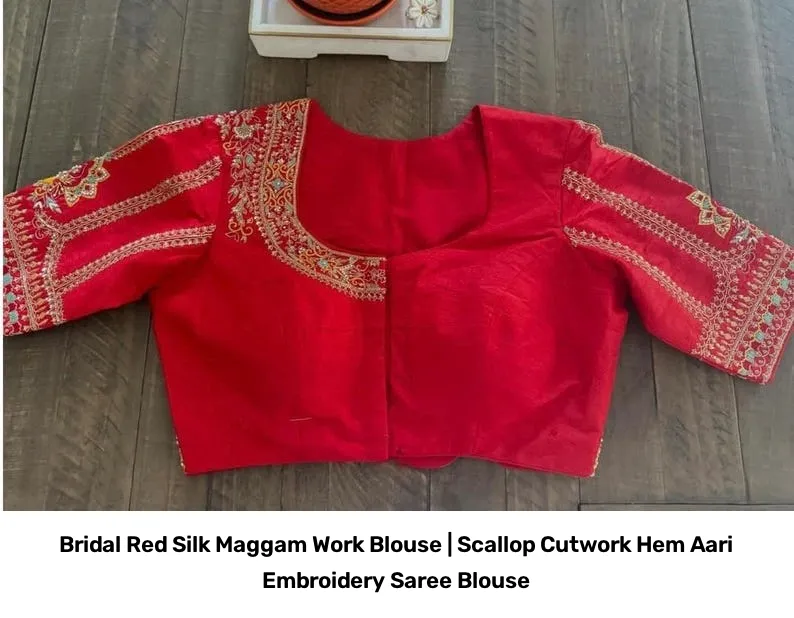 Bridal Red Silk Maggam Work Blouse | Scallop Cutwork Hem Aari Embroidery Saree Blouse 5