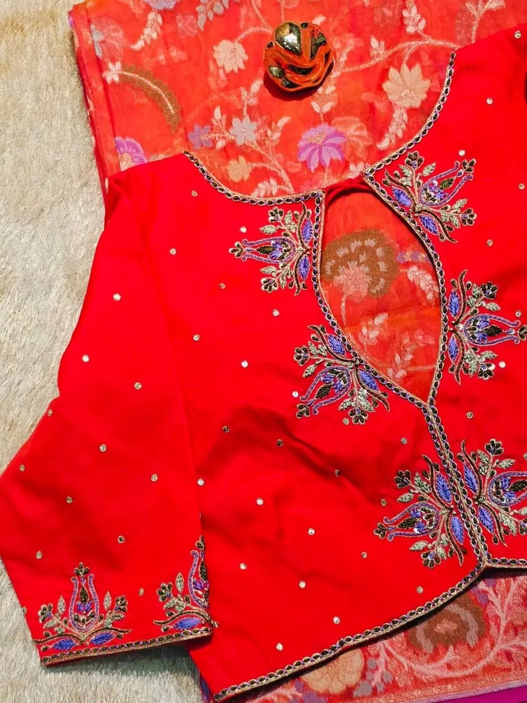 Bright Red Raw Silk Bridal Blouse with Paisley Maggam Work & Keyhole Back | Designer Hand Embroidered Saree Blouse