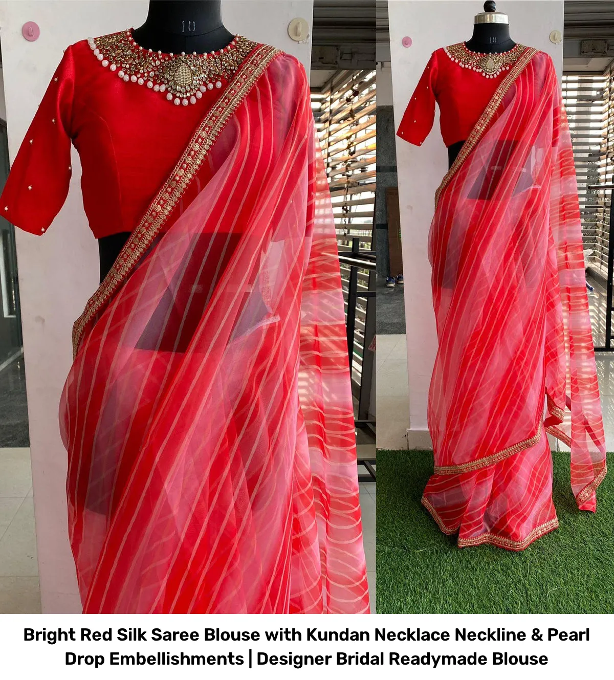Bright Red Silk Saree Blouse with Kundan Necklace Neckline & Pearl Drop Embellishments | Designer Bridal Readymade Blouse 2