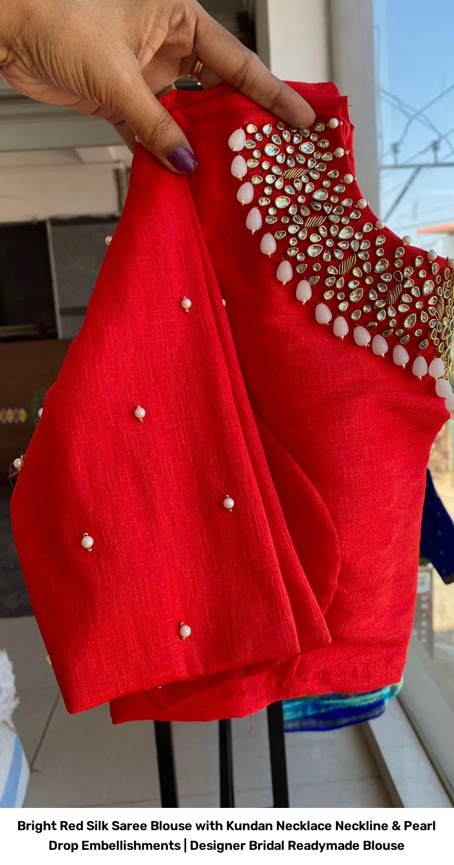 Bright Red Silk Saree Blouse with Kundan Necklace Neckline & Pearl Drop Embellishments | Designer Bridal Readymade Blouse 3