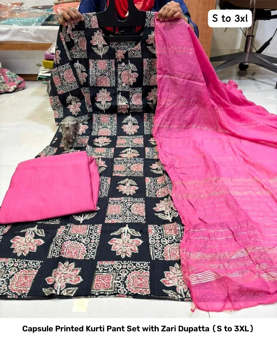 Capsule Printed Kurti Pant Set with Zari Dupatta (S to 3XL) 14