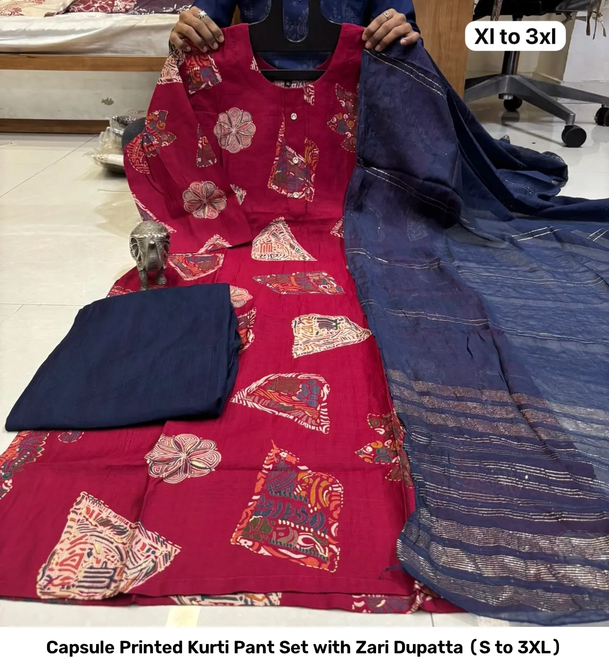 Capsule Printed Kurti Pant Set with Zari Dupatta (S to 3XL) 43