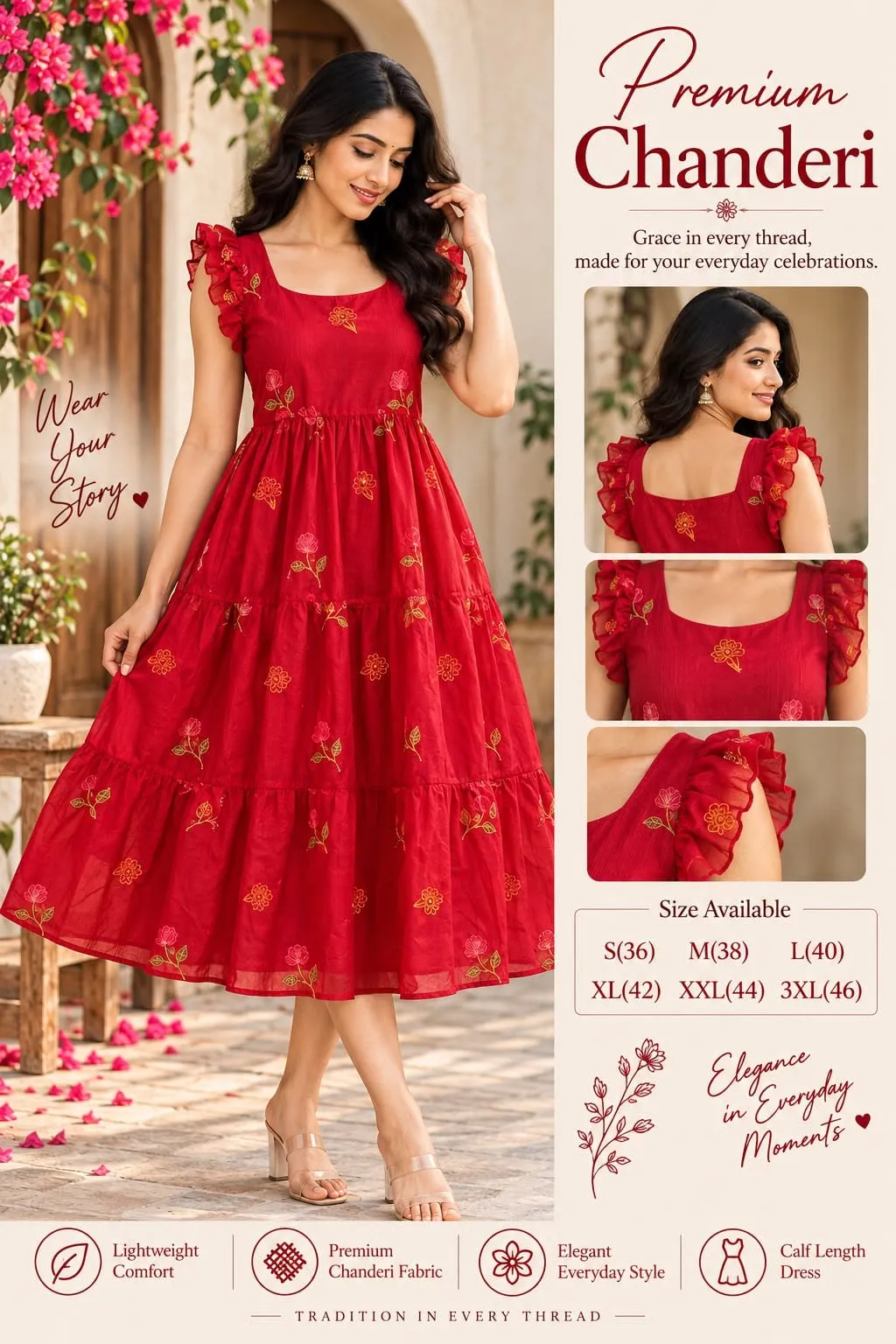 Chanderi Cotton Floral Embroidered Maxi Dress