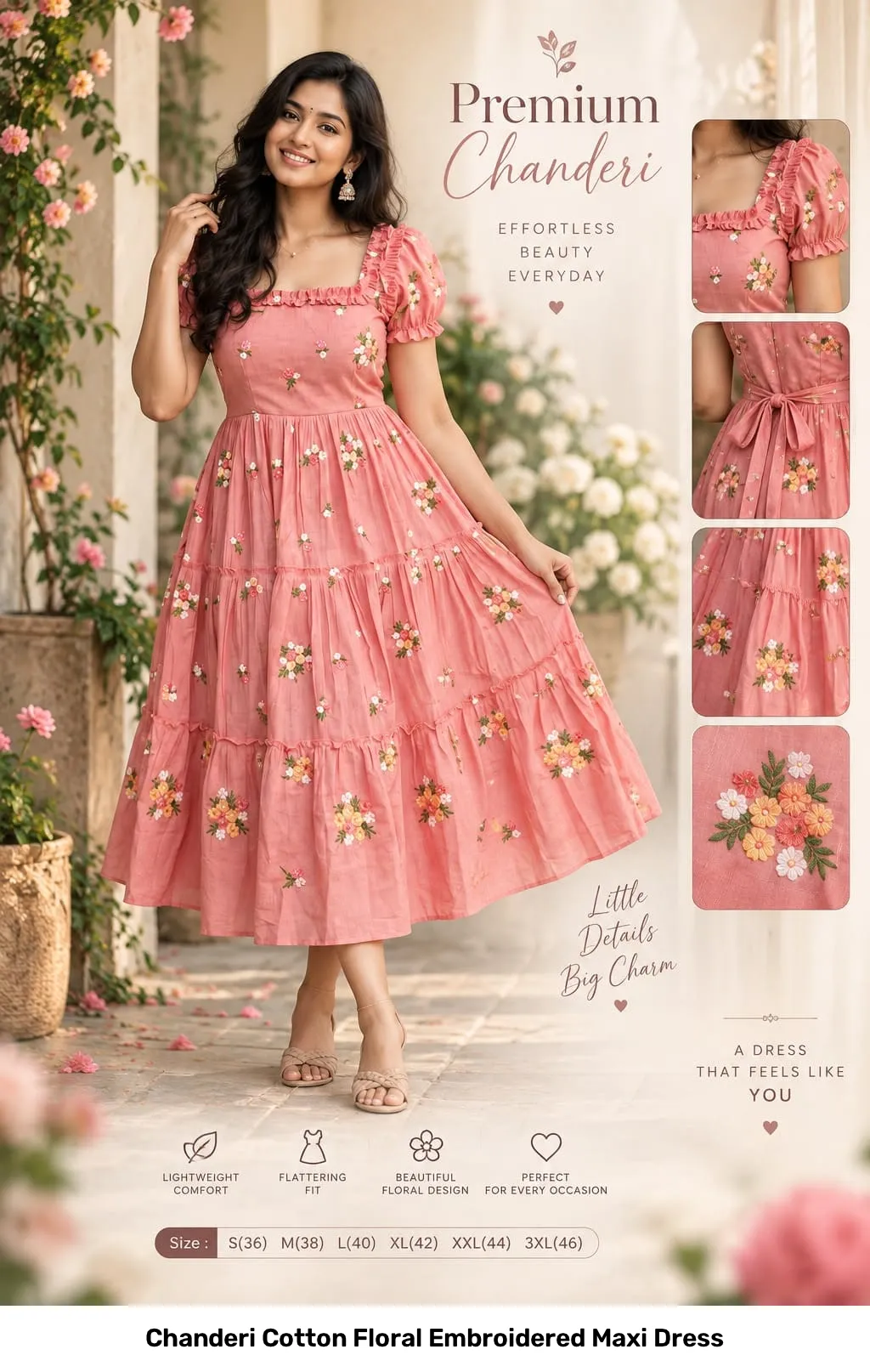 Chanderi Cotton Floral Embroidered Maxi Dress 10