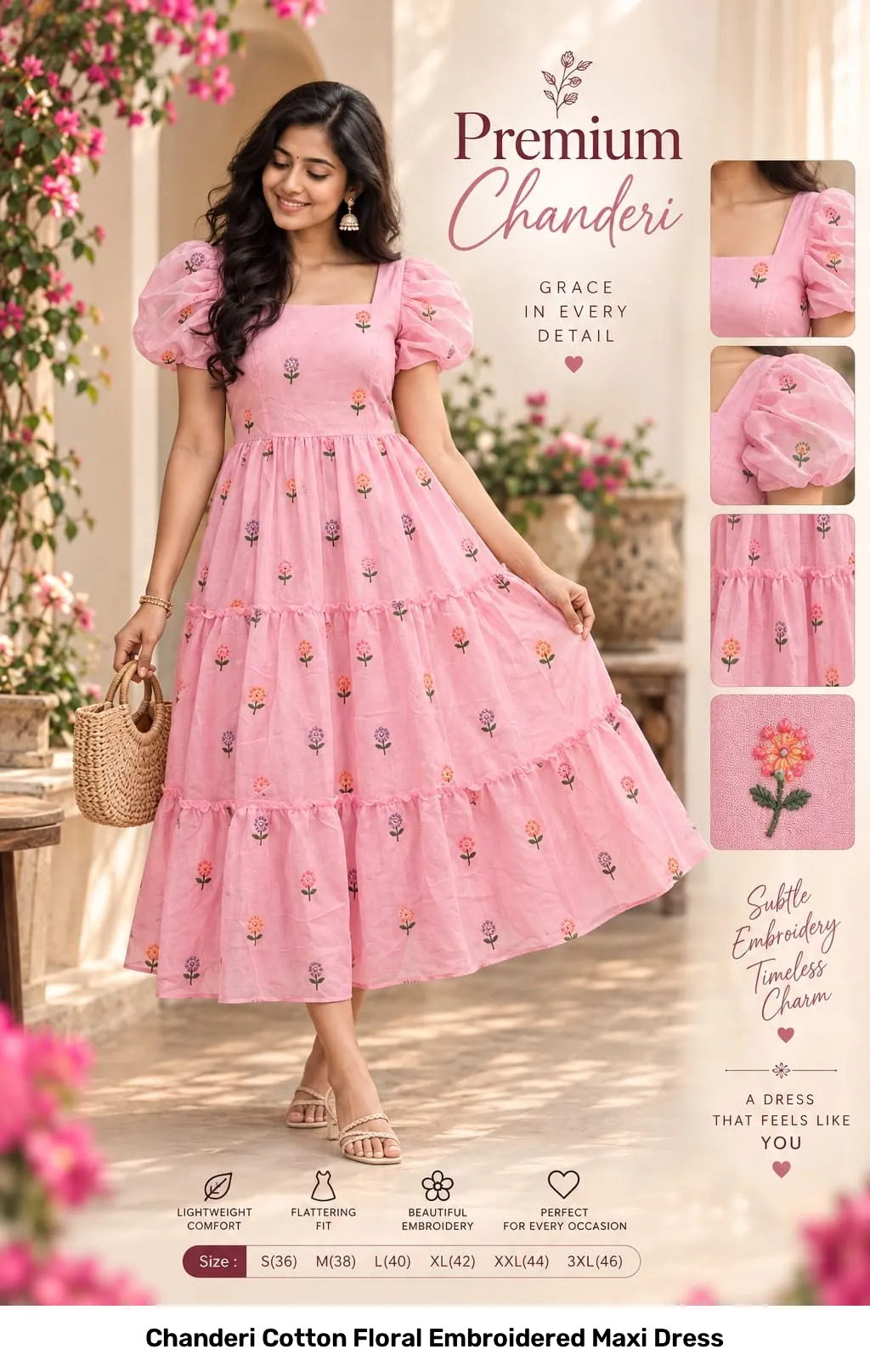 Chanderi Cotton Floral Embroidered Maxi Dress 12