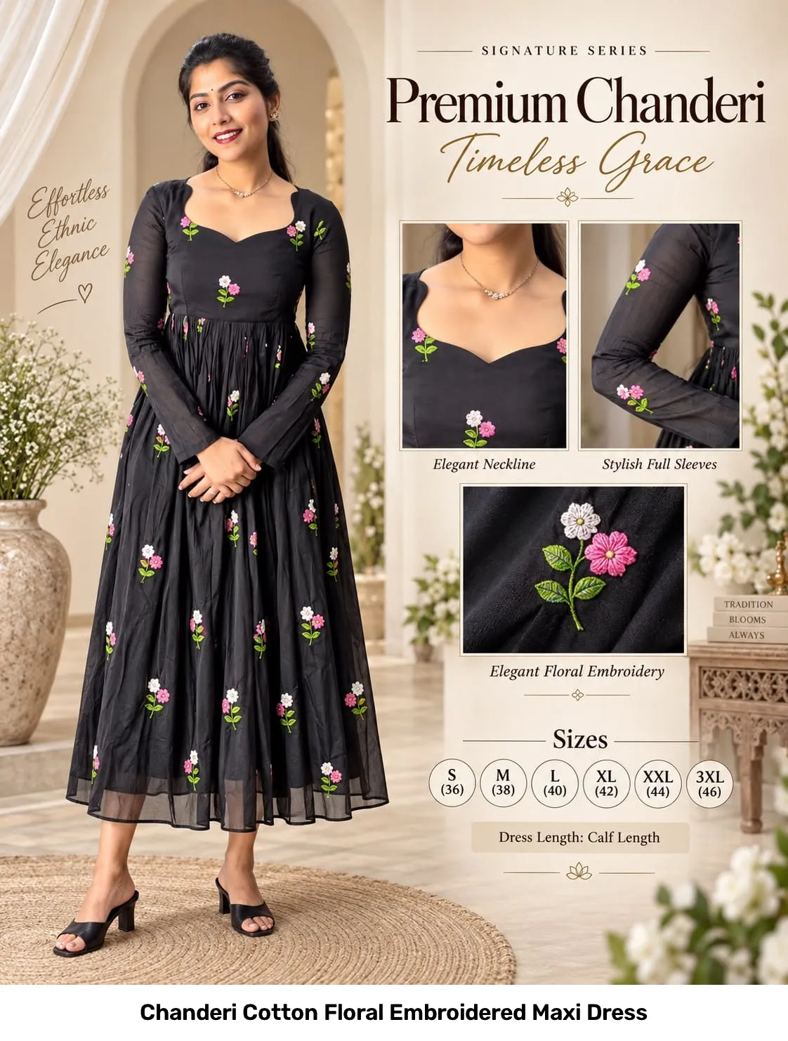 Chanderi Cotton Floral Embroidered Maxi Dress 13