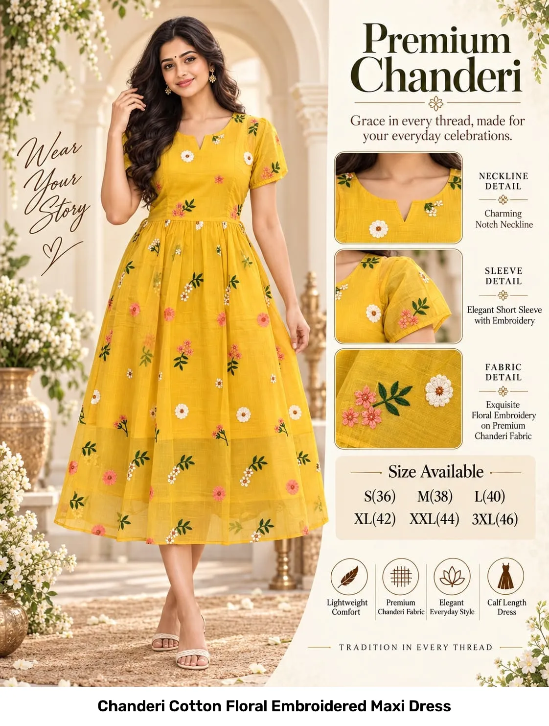 Chanderi Cotton Floral Embroidered Maxi Dress 15