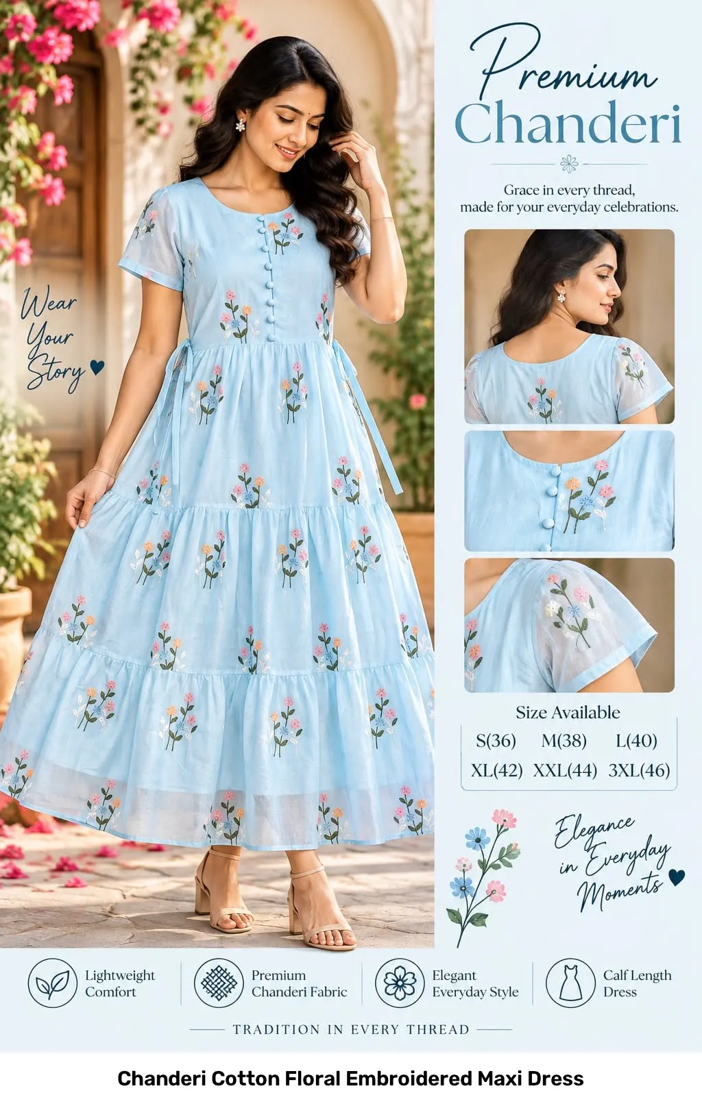Chanderi Cotton Floral Embroidered Maxi Dress 16