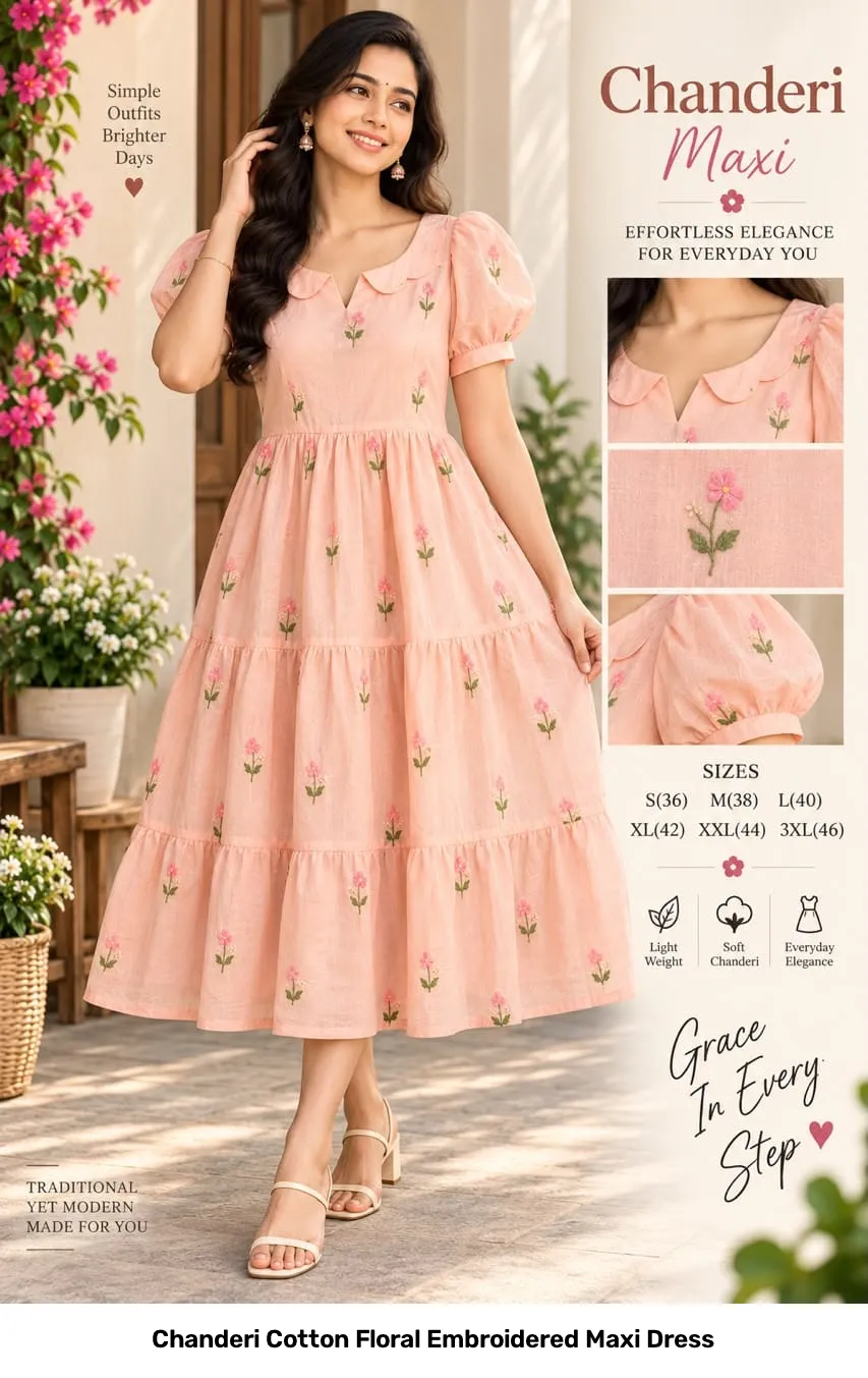 Chanderi Cotton Floral Embroidered Maxi Dress 18