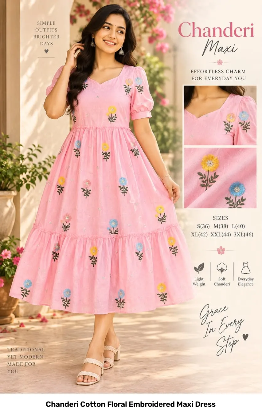 Chanderi Cotton Floral Embroidered Maxi Dress 5