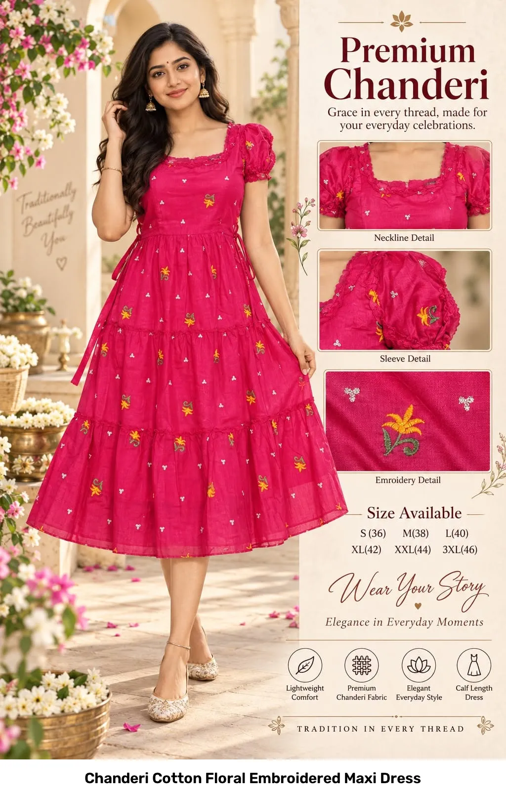 Chanderi Cotton Floral Embroidered Maxi Dress 6
