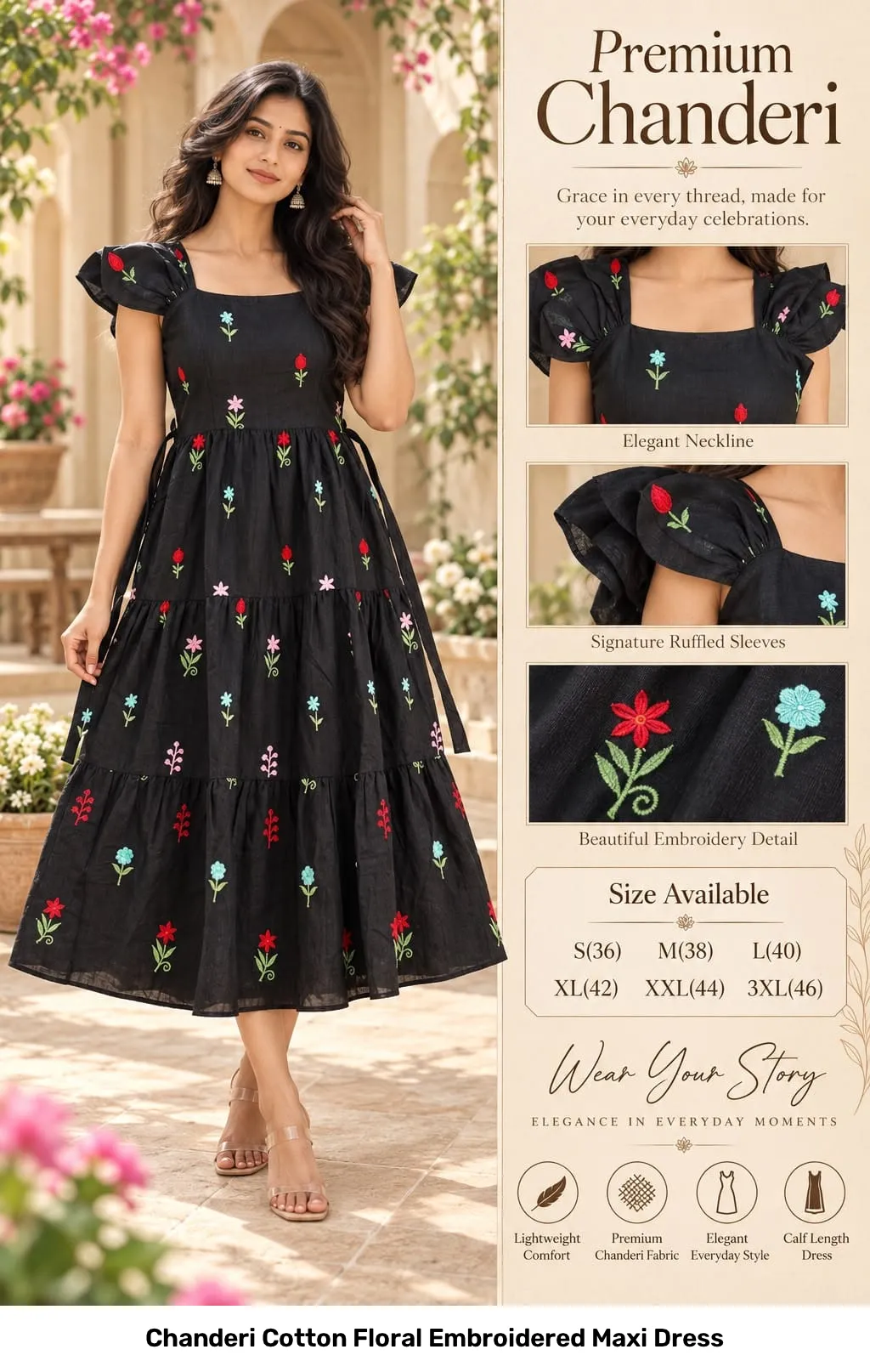 Chanderi Cotton Floral Embroidered Maxi Dress 8