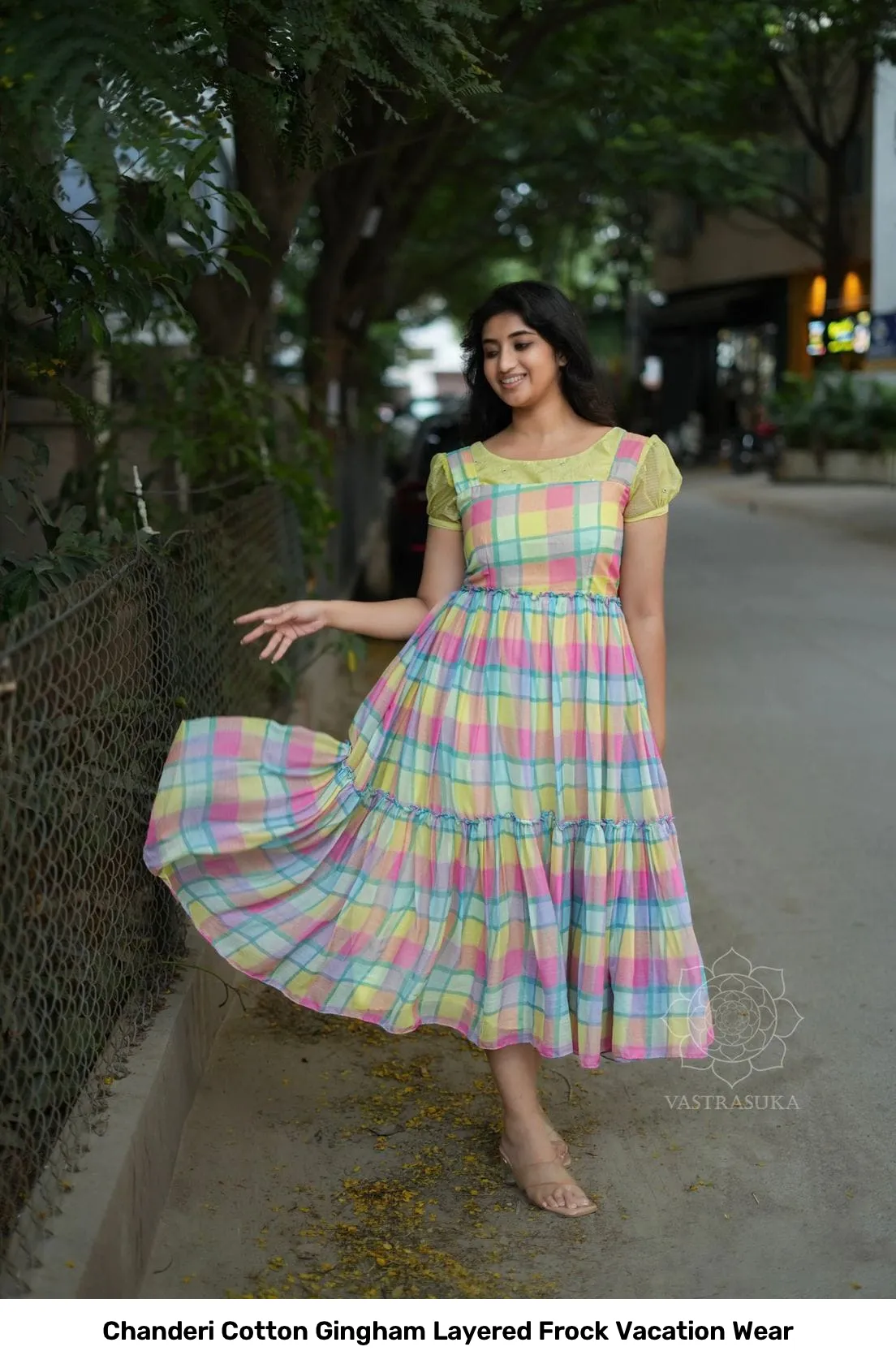 Chanderi Cotton Gingham Layered Frock Vacation Wear 10