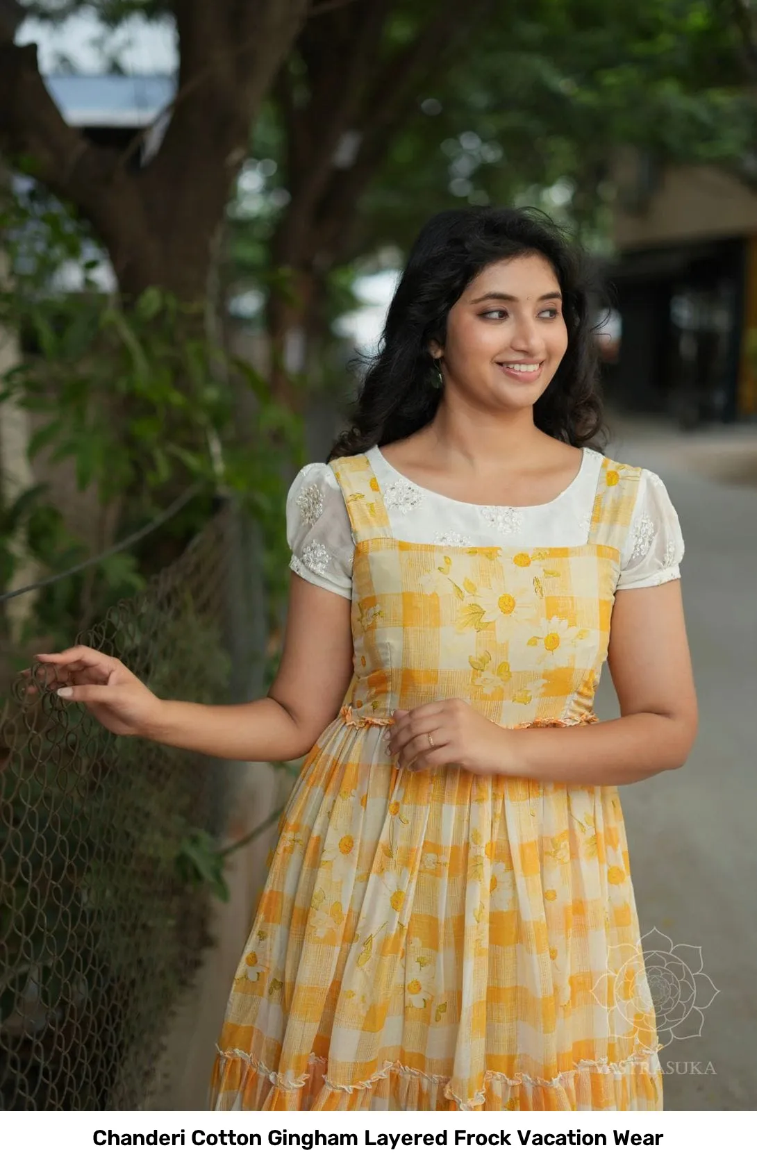 Chanderi Cotton Gingham Layered Frock Vacation Wear 11