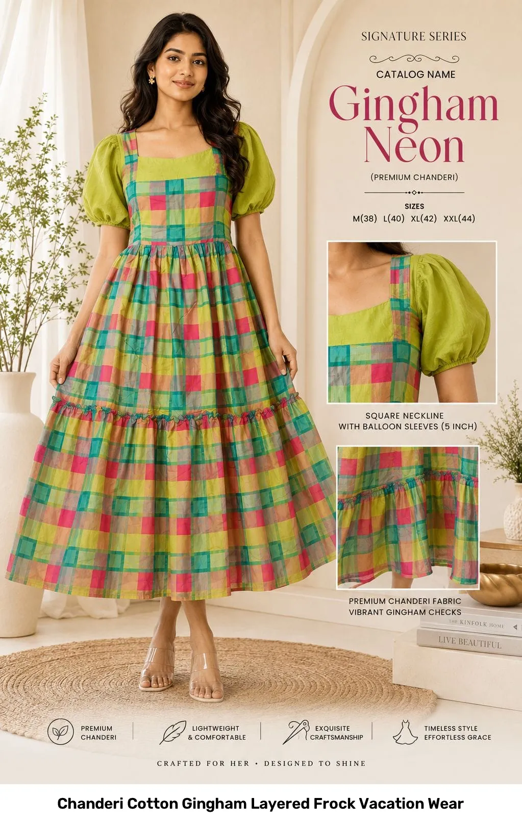 Chanderi Cotton Gingham Layered Frock Vacation Wear 12