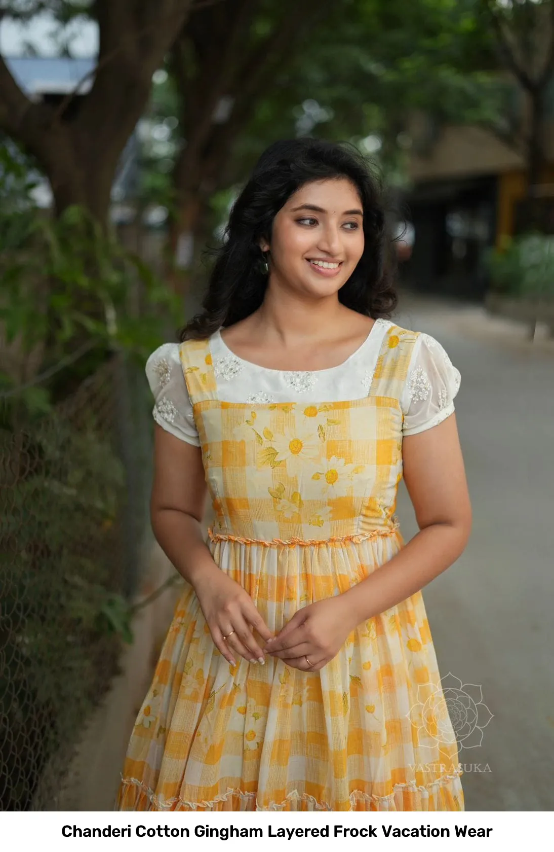 Chanderi Cotton Gingham Layered Frock Vacation Wear 2