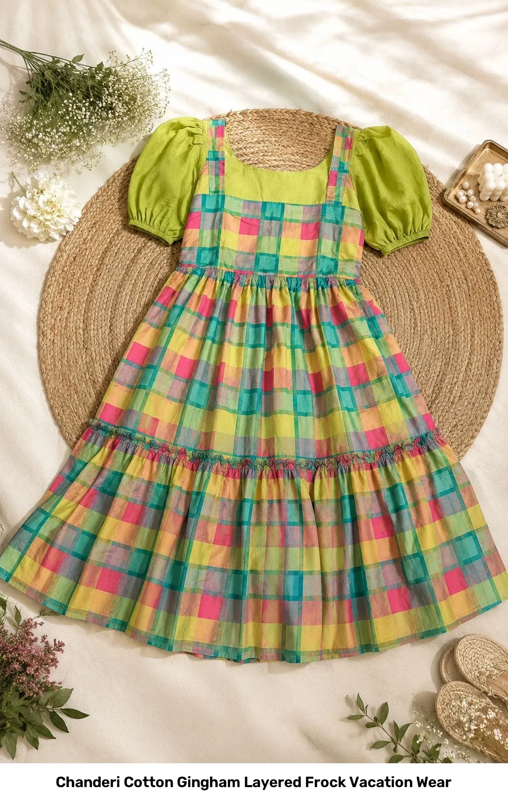 Chanderi Cotton Gingham Layered Frock Vacation Wear 3