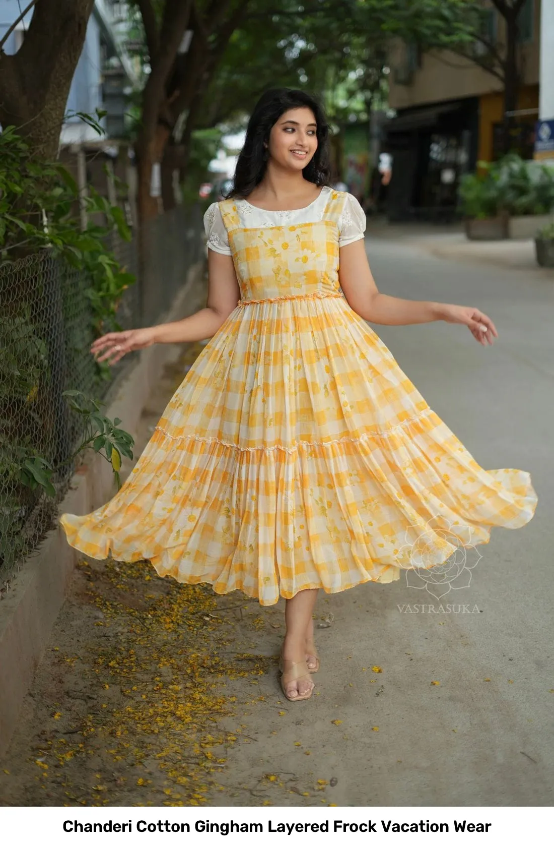 Chanderi Cotton Gingham Layered Frock Vacation Wear 4