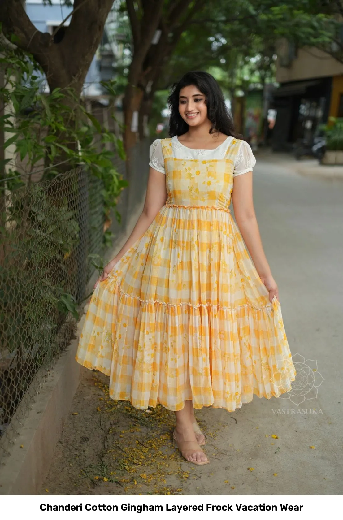 Chanderi Cotton Gingham Layered Frock Vacation Wear 5
