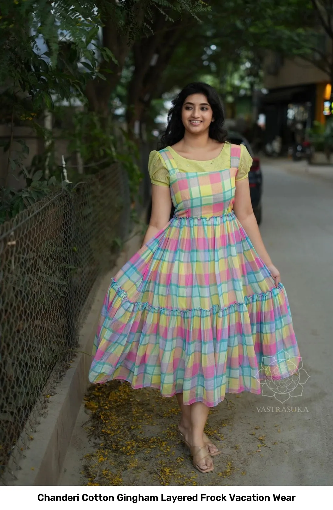 Chanderi Cotton Gingham Layered Frock Vacation Wear 6