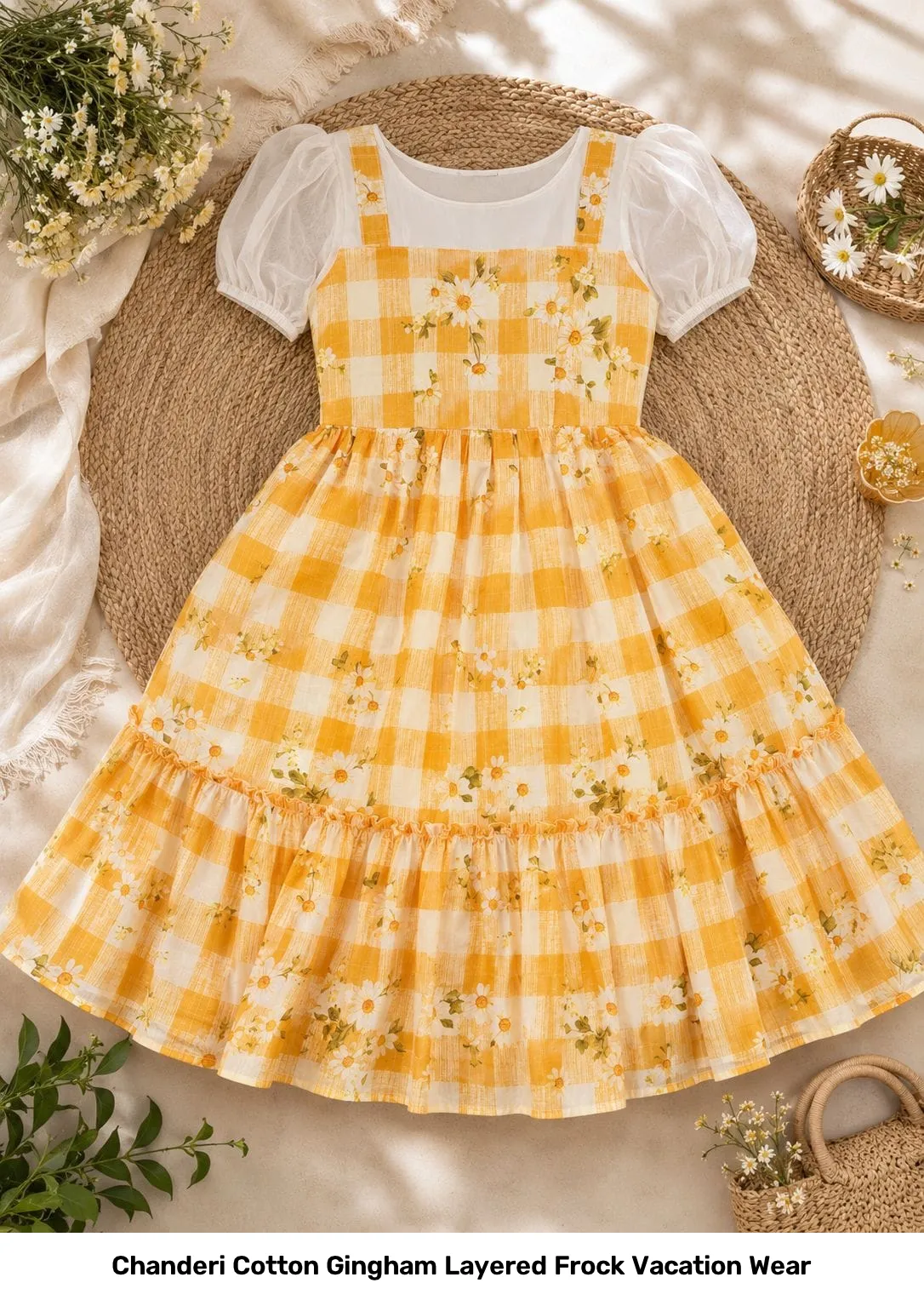 Chanderi Cotton Gingham Layered Frock Vacation Wear 7