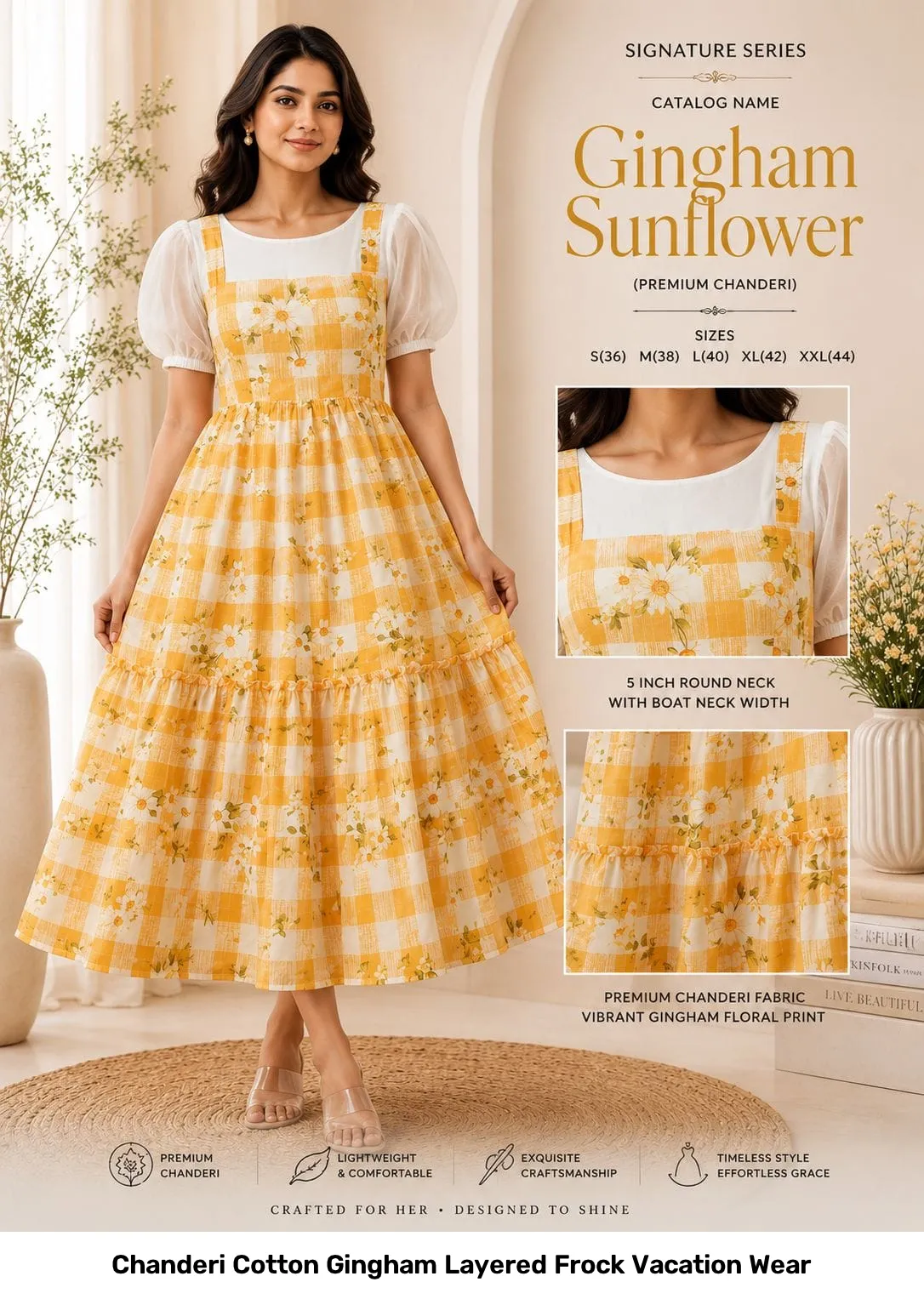 Chanderi Cotton Gingham Layered Frock Vacation Wear 8