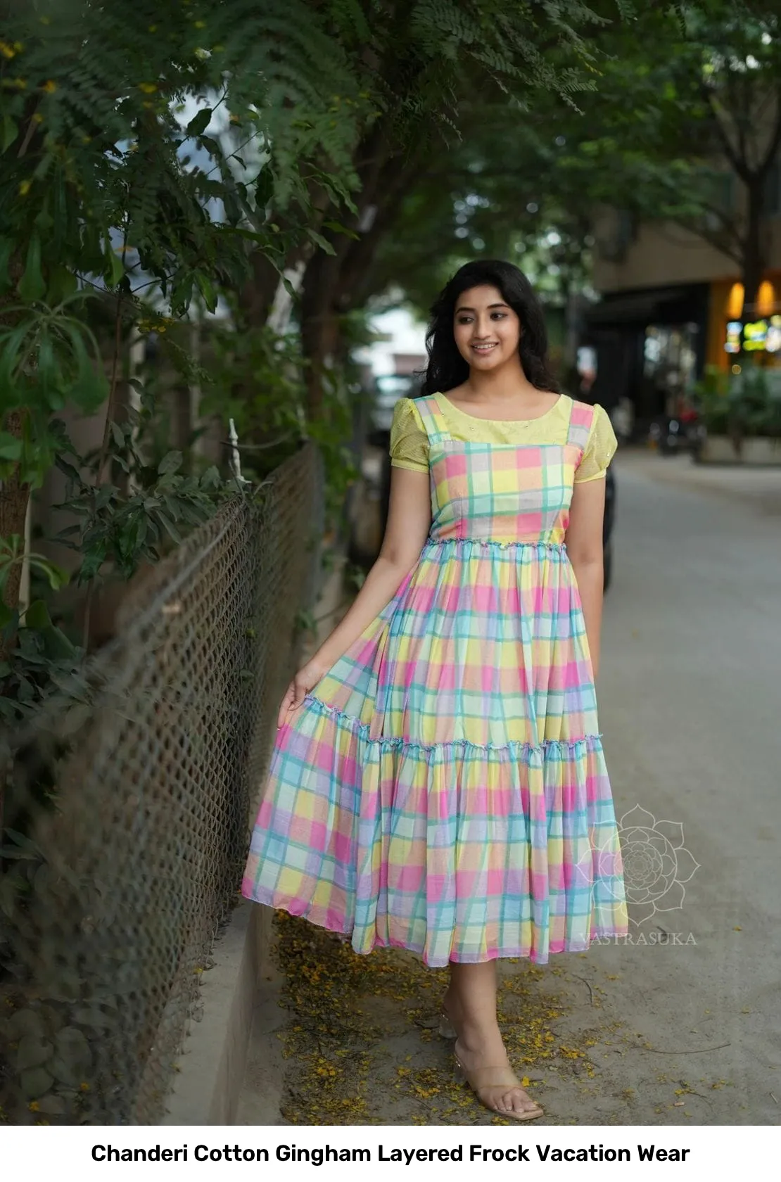 Chanderi Cotton Gingham Layered Frock Vacation Wear 9