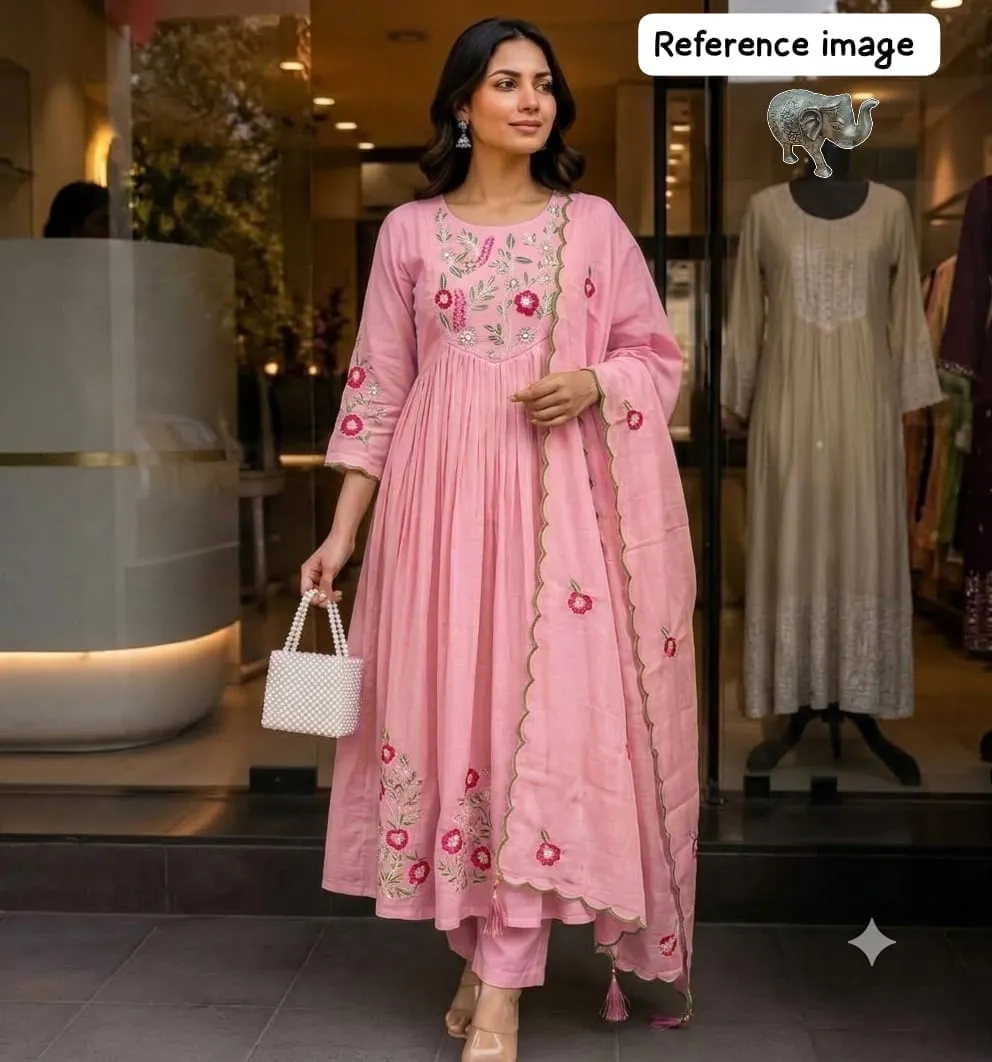 Chanderi Silk Hand Embroidered Anarkali Suit Set