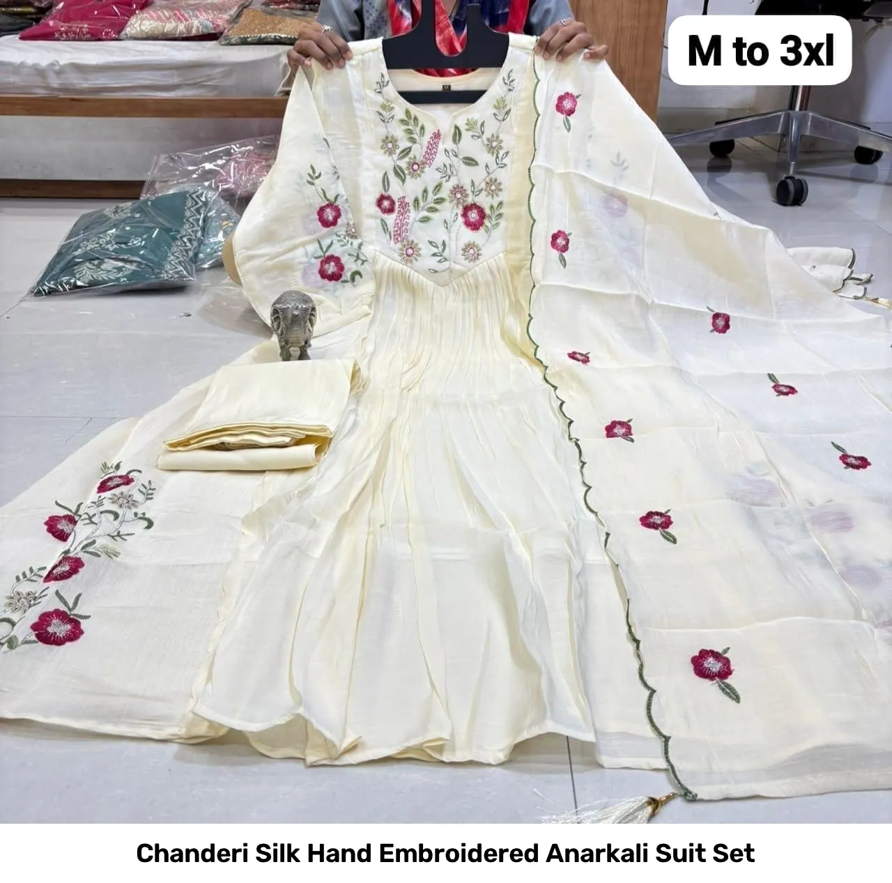 Chanderi Silk Hand Embroidered Anarkali Suit Set 4