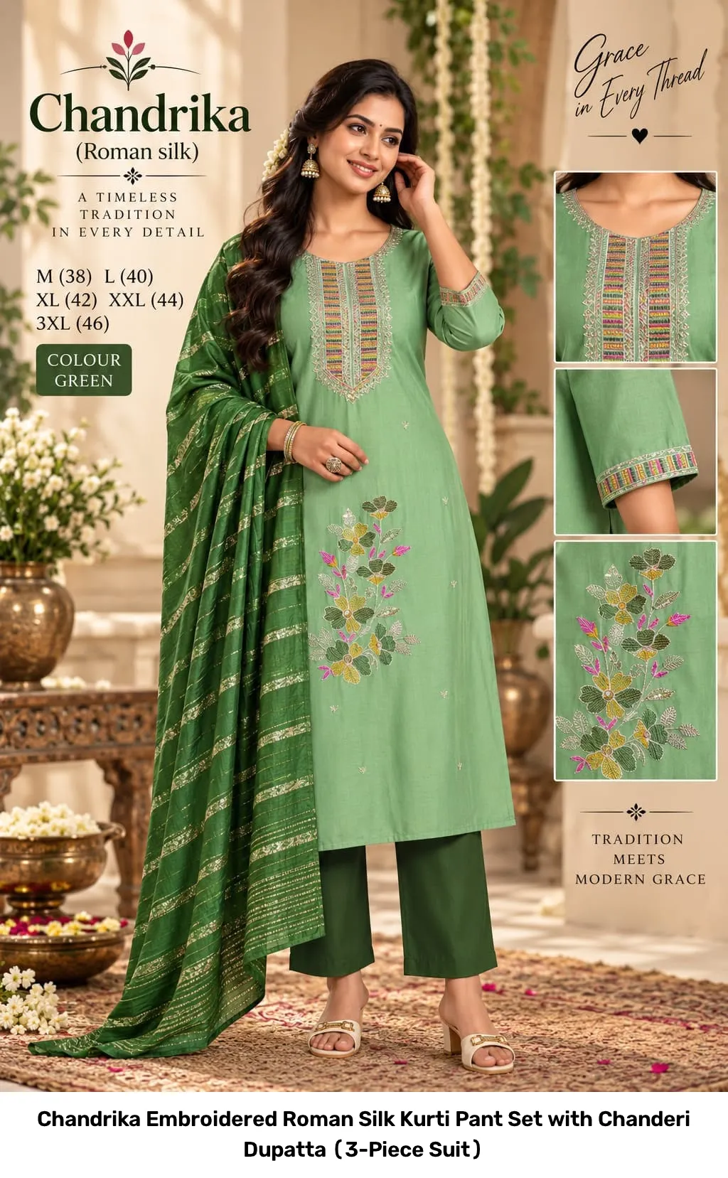 Chandrika Embroidered Roman Silk Kurti Pant Set with Chanderi Dupatta (3-Piece Suit) 2