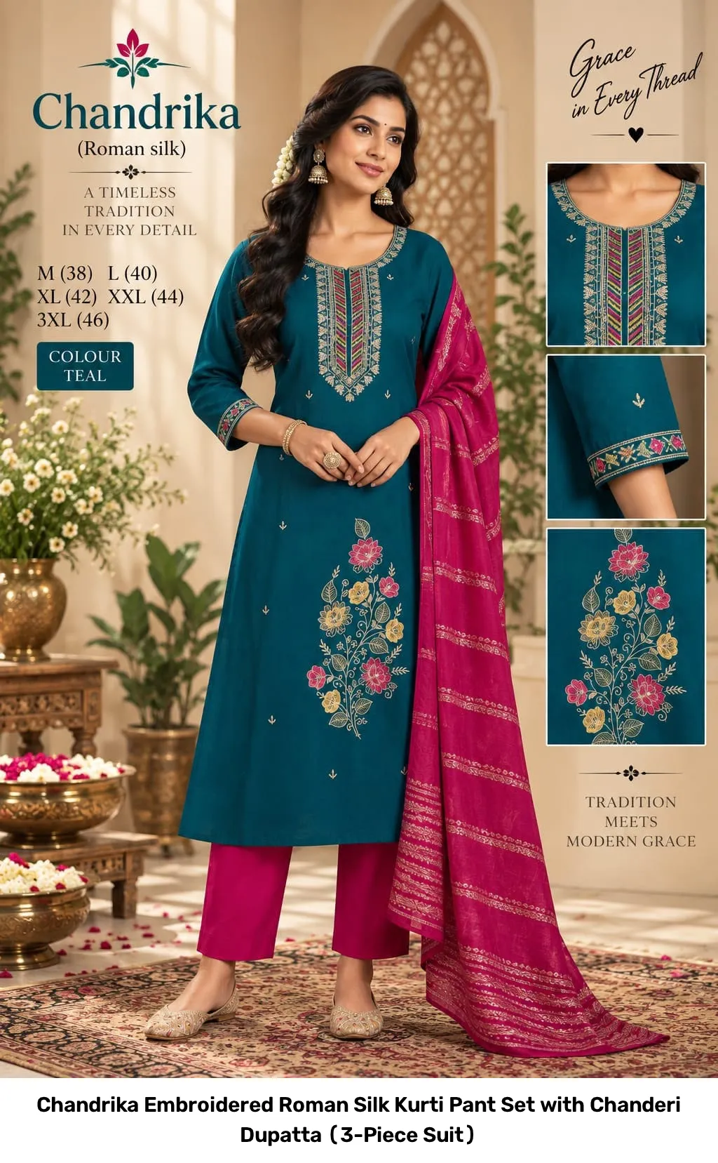 Chandrika Embroidered Roman Silk Kurti Pant Set with Chanderi Dupatta (3-Piece Suit) 3