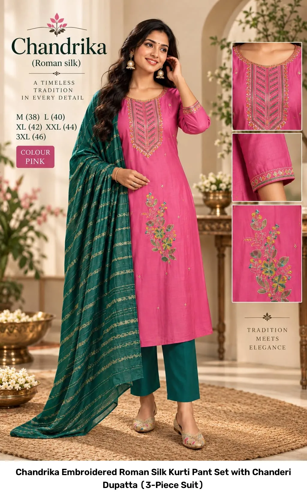 Chandrika Embroidered Roman Silk Kurti Pant Set with Chanderi Dupatta (3-Piece Suit) 4