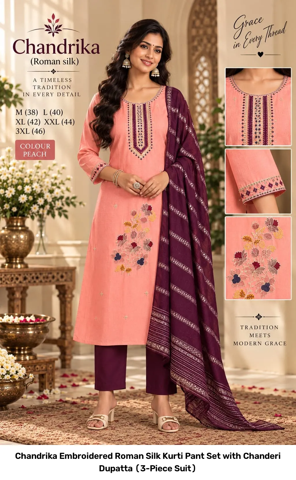 Chandrika Embroidered Roman Silk Kurti Pant Set with Chanderi Dupatta (3-Piece Suit) 5