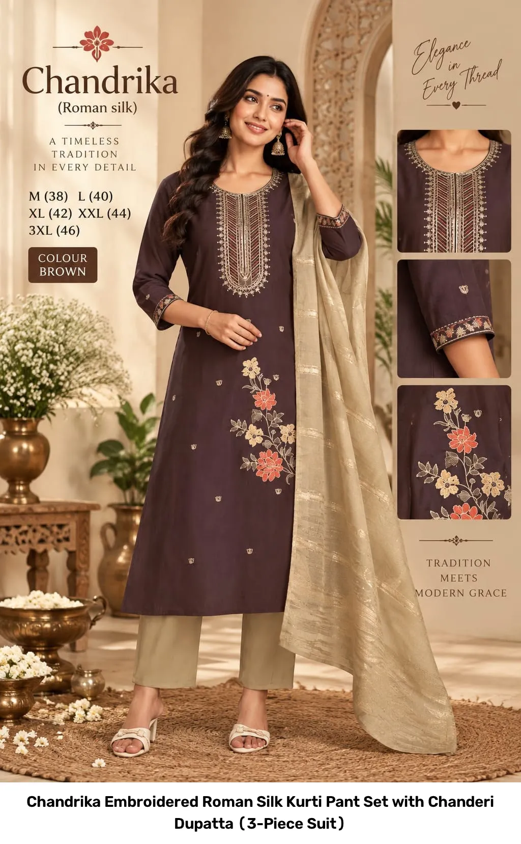 Chandrika Embroidered Roman Silk Kurti Pant Set with Chanderi Dupatta (3-Piece Suit) 6