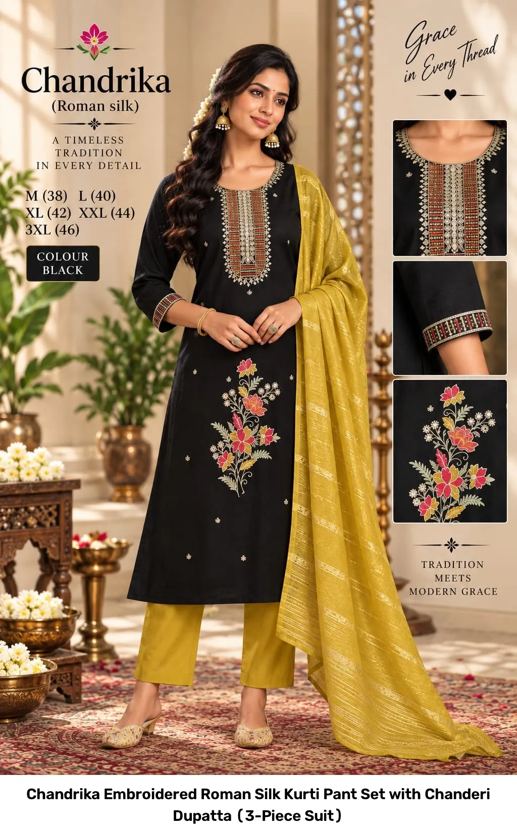 Chandrika Embroidered Roman Silk Kurti Pant Set with Chanderi Dupatta (3-Piece Suit) 8