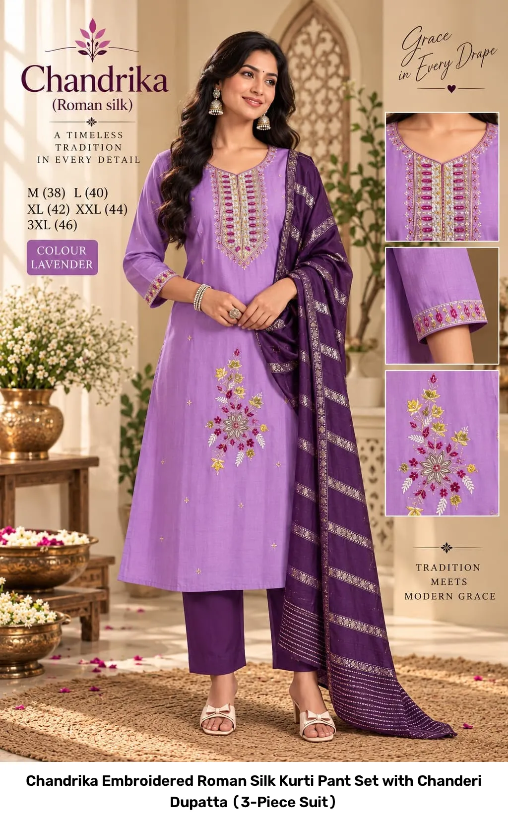 Chandrika Embroidered Roman Silk Kurti Pant Set with Chanderi Dupatta (3-Piece Suit) 9