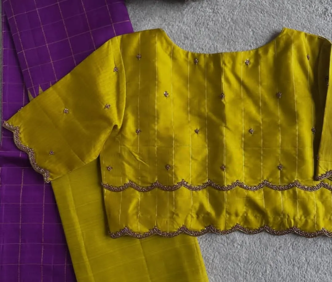 Chartreuse Mustard Silk Boat Neck Blouse | Double Scallop Layered Saree Blouse with Zari Lines & Butis