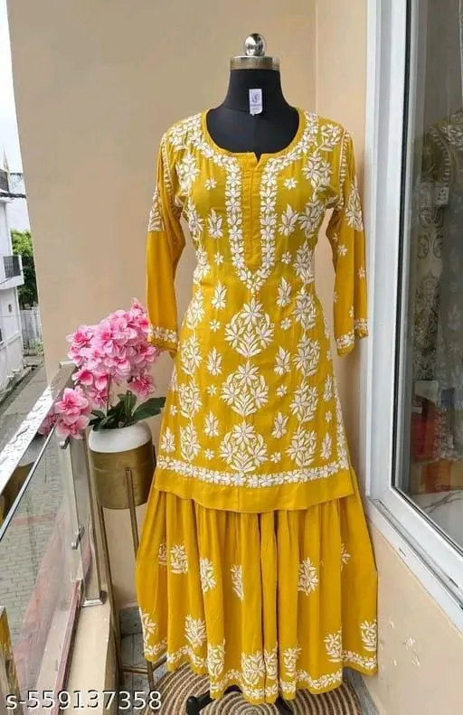 Chikankari Embroidered Kurti & Sharara Set