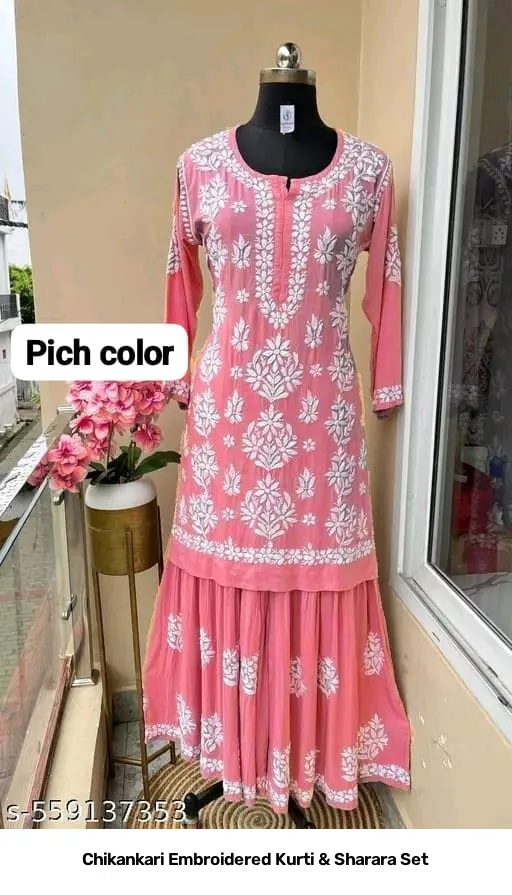 Chikankari Embroidered Kurti & Sharara Set 10