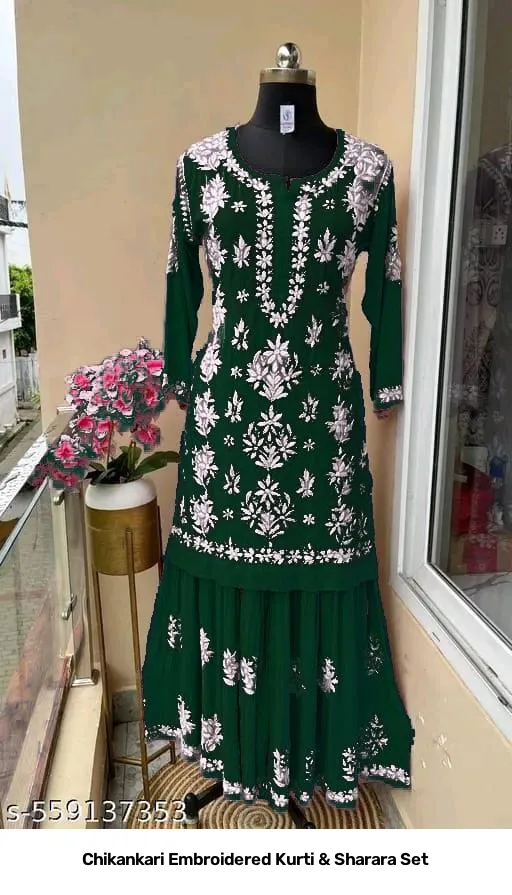 Chikankari Embroidered Kurti & Sharara Set 11