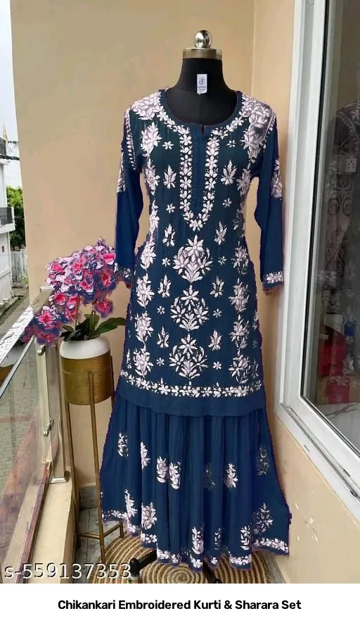 Chikankari Embroidered Kurti & Sharara Set 9