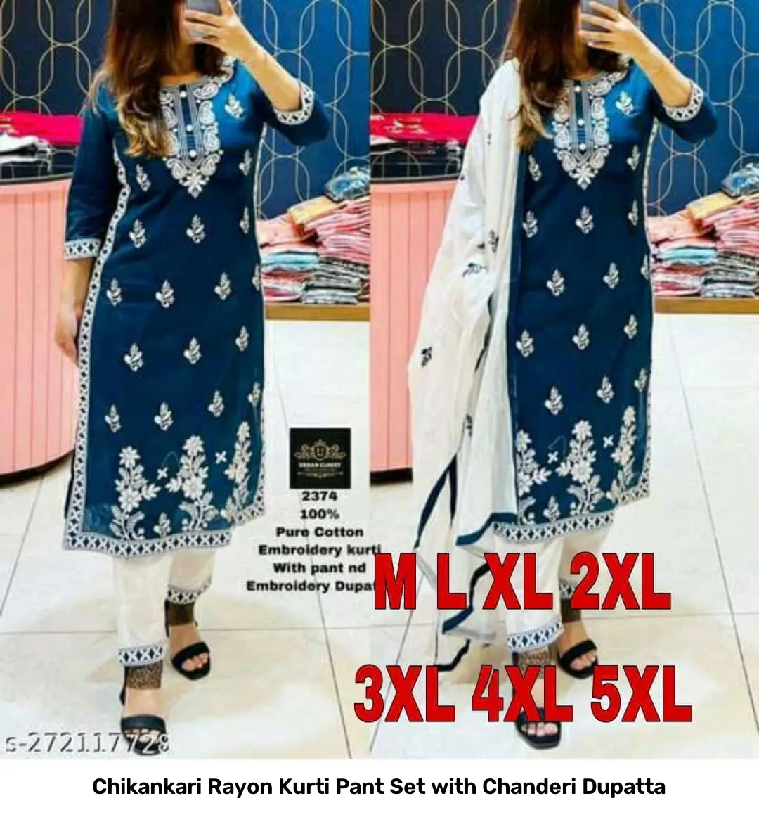 Chikankari Rayon Kurti Pant Set with Chanderi Dupatta 10
