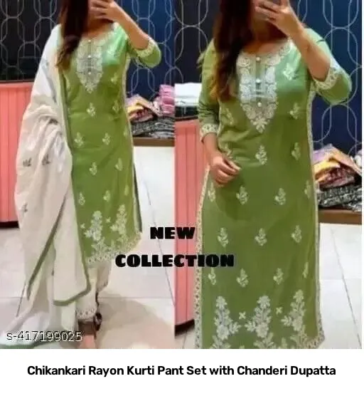 Chikankari Rayon Kurti Pant Set with Chanderi Dupatta 12