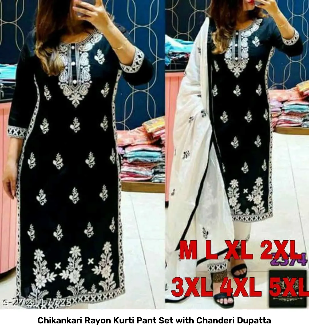 Chikankari Rayon Kurti Pant Set with Chanderi Dupatta 2