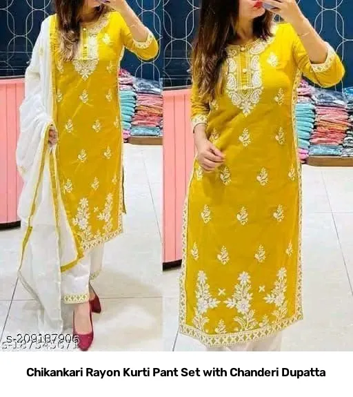 Chikankari Rayon Kurti Pant Set with Chanderi Dupatta 4